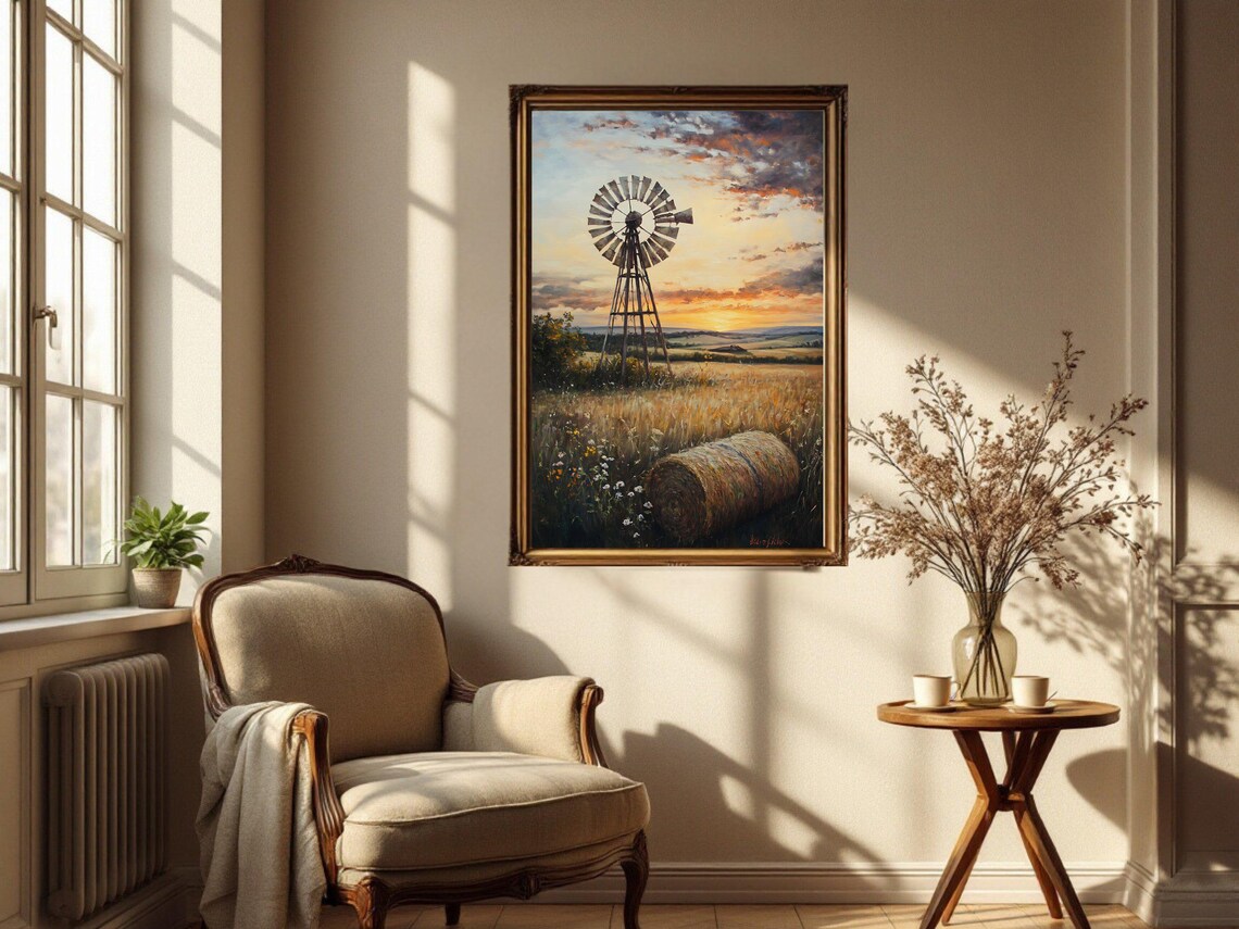 Vintage Windmill Landscape, Rustic Farmhouse Decor - Image 3