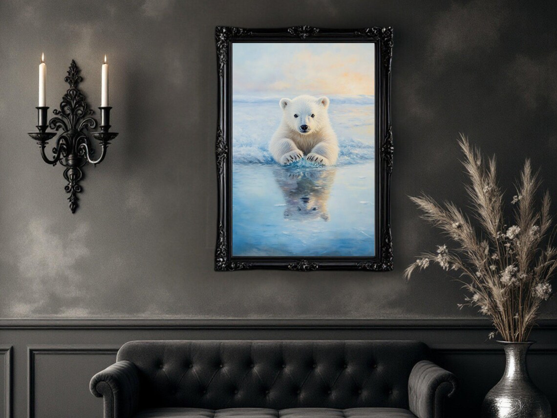 Polar Bear Cub in Arctic Water Reflection, Nursery Decor - Image 3