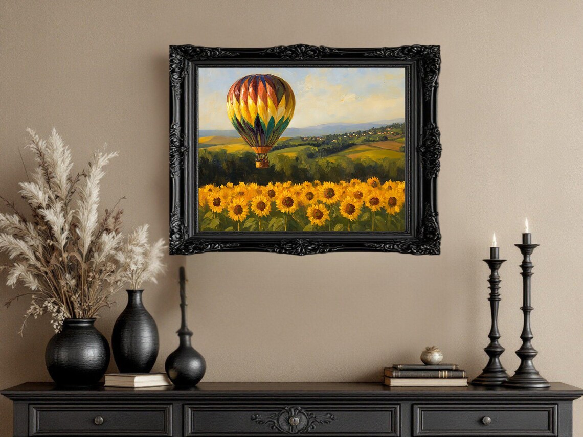 Hot Air Balloon Over Sunflower Field, Landscape Print - Image 2