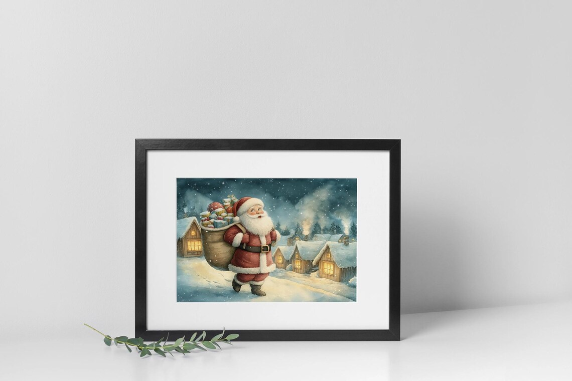 Santa With Gift Sack, Cozy Christmas Village Scene - Image 3