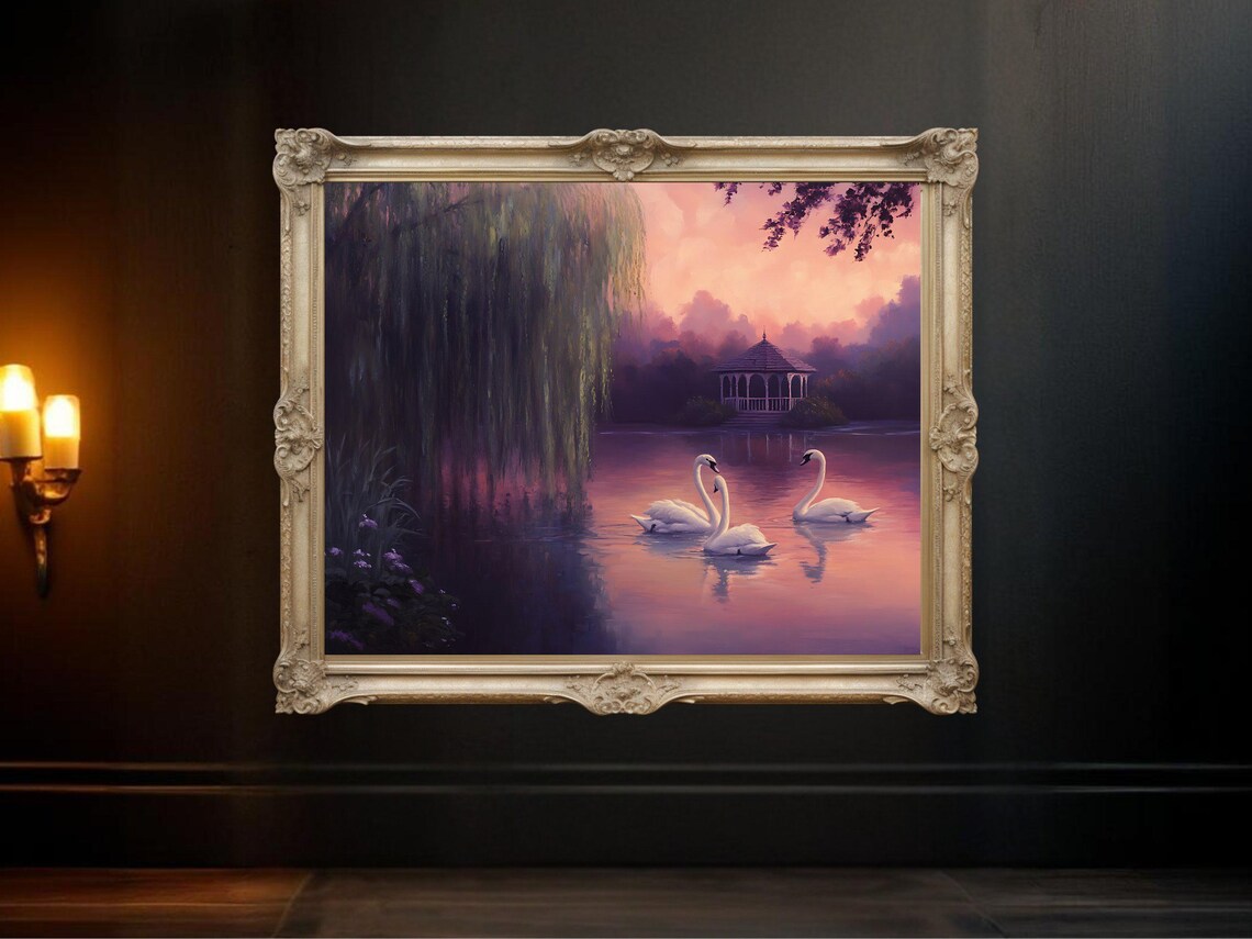 Serene Swan Lake At Dusk, Tranquil Landscape Poster