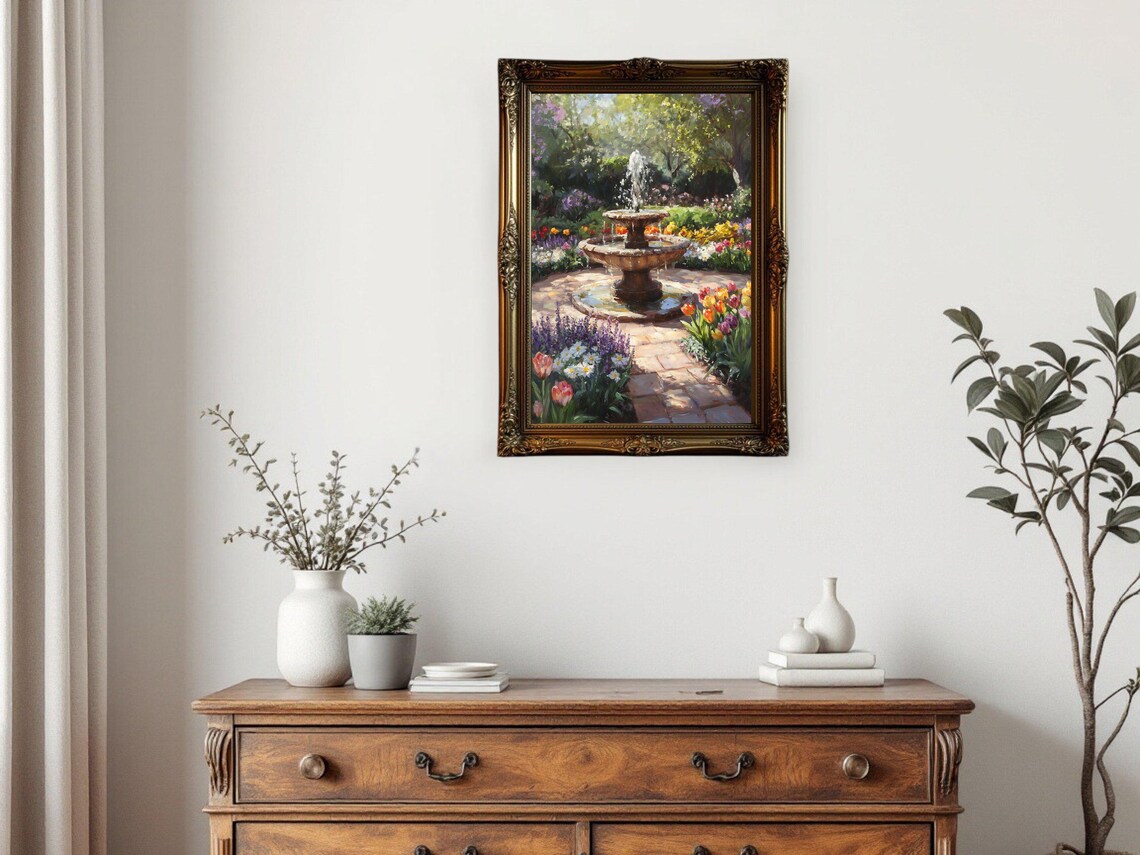 Garden Fountain, Colorful Floral Painting - Image 2