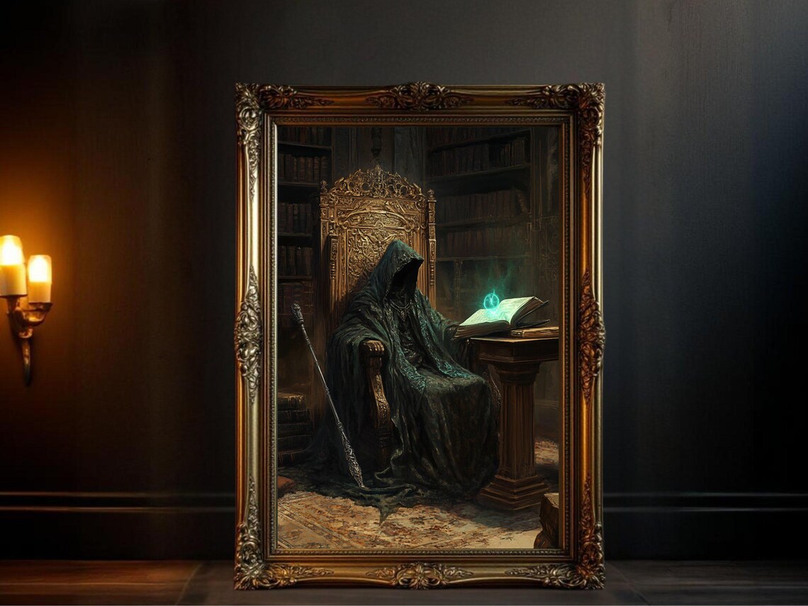 Dark Gothic Wizard Poster, Mystical Library Decor