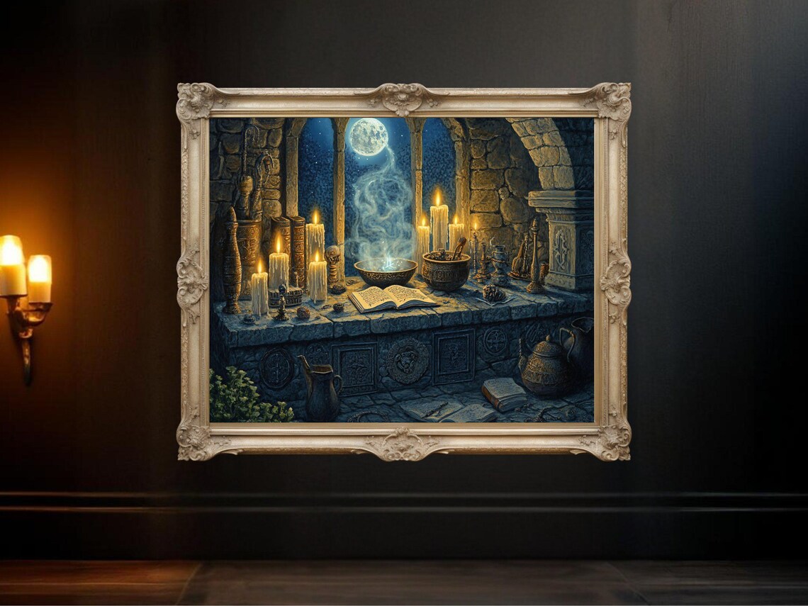 Mystical Moonlit Enchanted Altar, Gothic Fantasy Art Print
