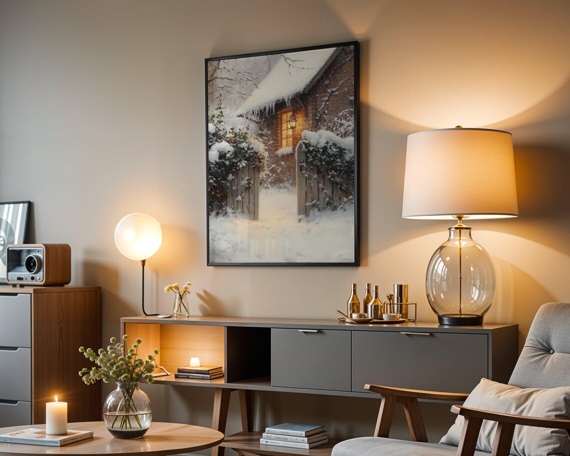 Cozy Winter Cabin Scene, Snowy Cottage Landscape - Image 3