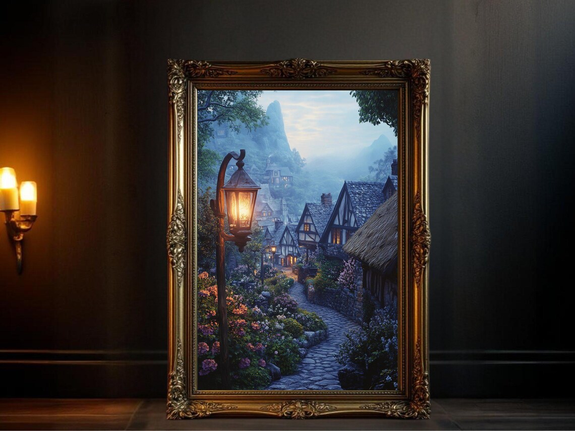 Quaint Village Street Scene, Cozy Cottage Pathway Poster