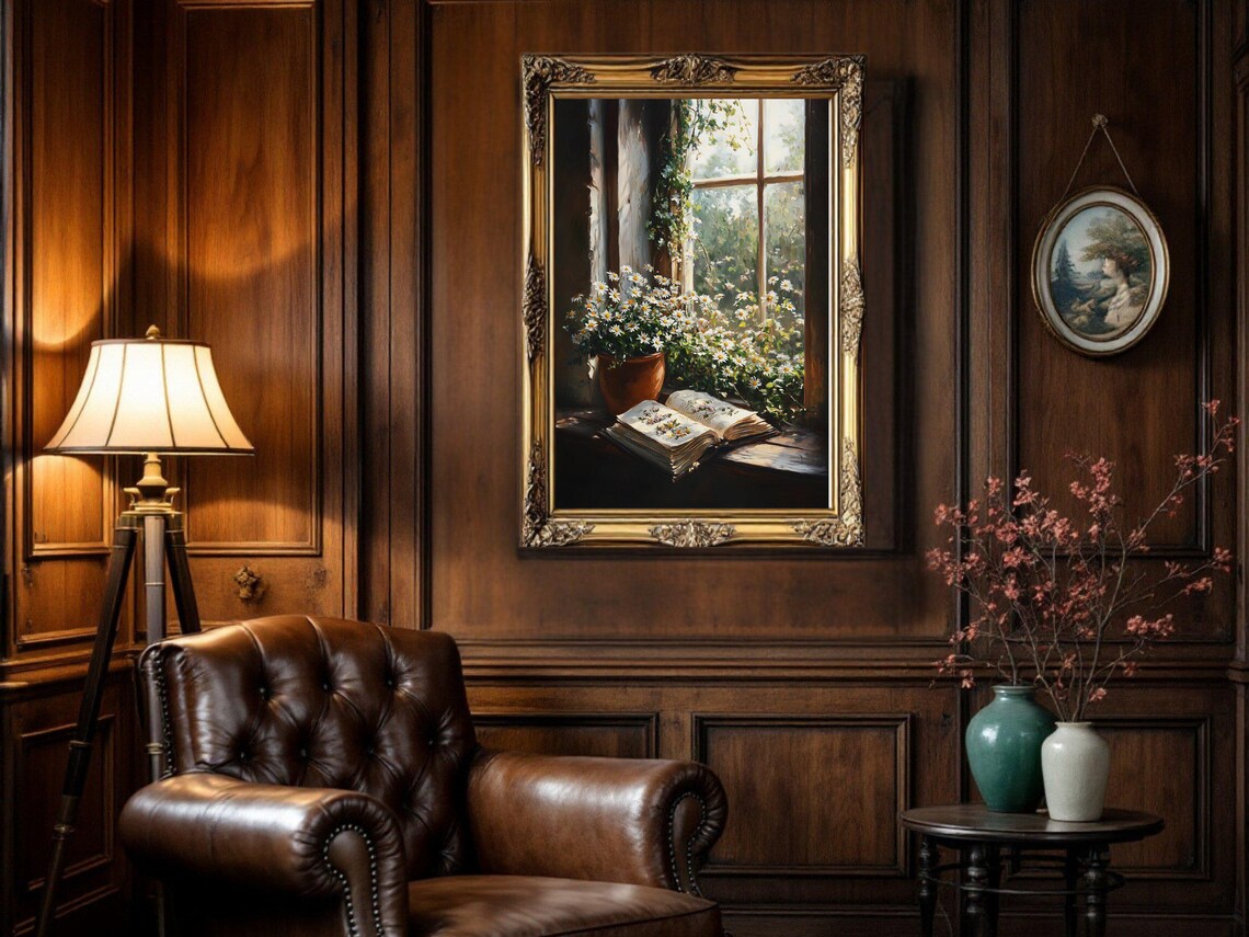 Charming Flower Window Scene, Vintage Oil Painting - Image 2
