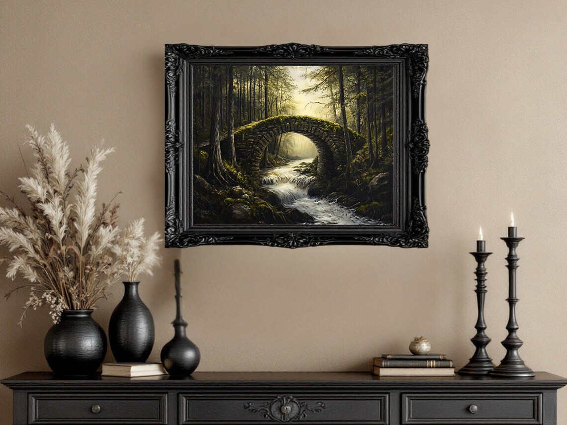 Forest Stone Bridge Over River, Rustic Landscape Art Print - Image 2