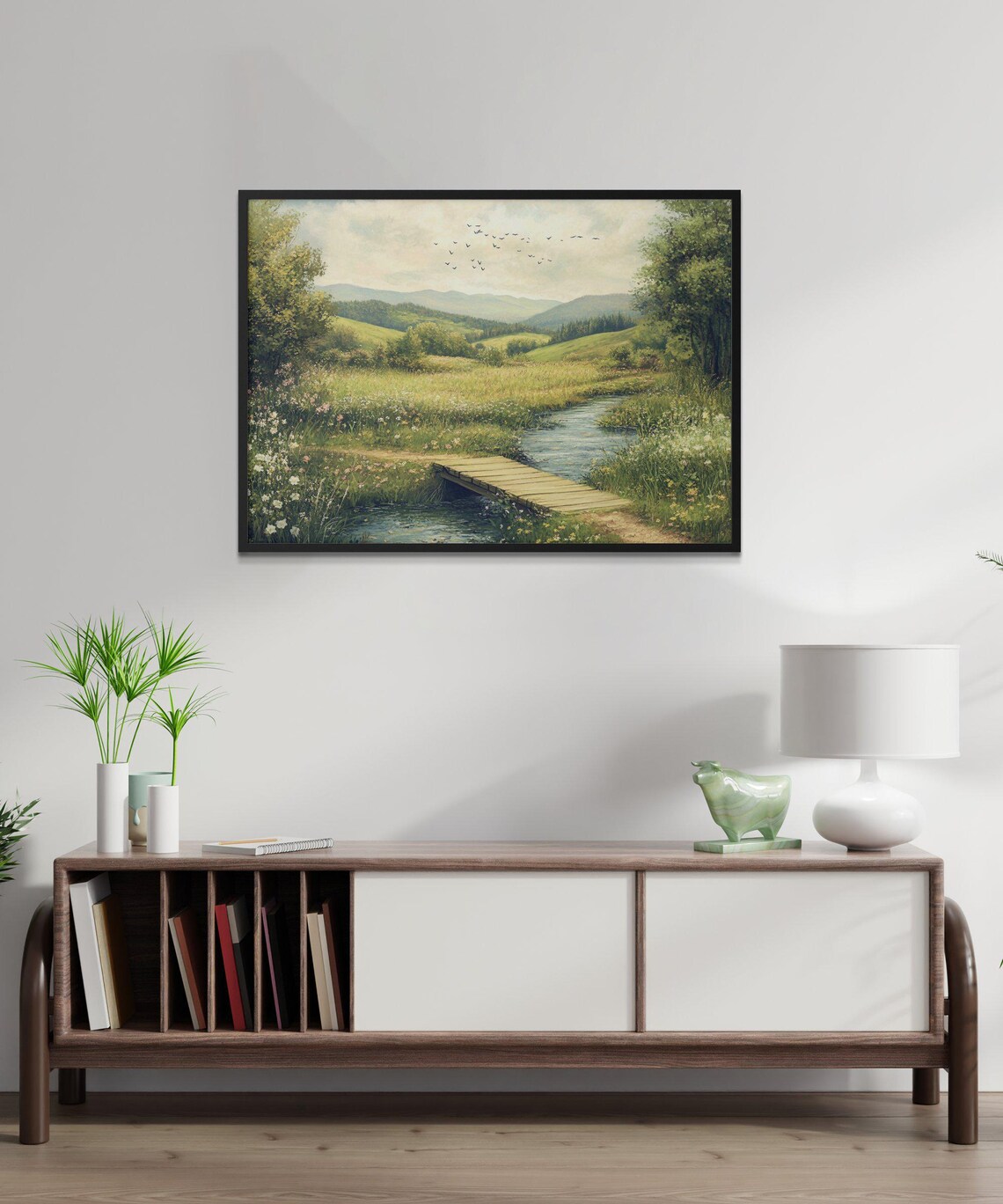 Serene Countryside River With Wooden Bridge, Art Print - Image 2