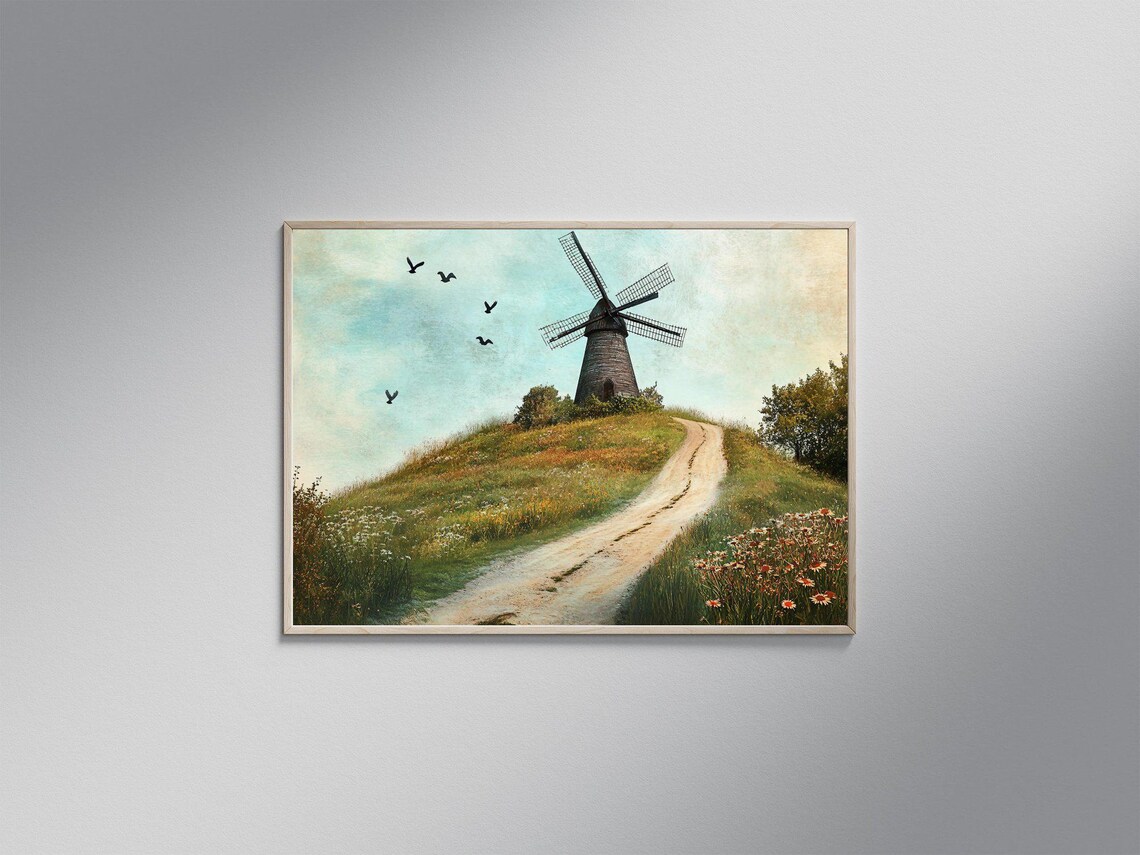 Vintage Windmill Landscape, Rustic Farmhouse Scene