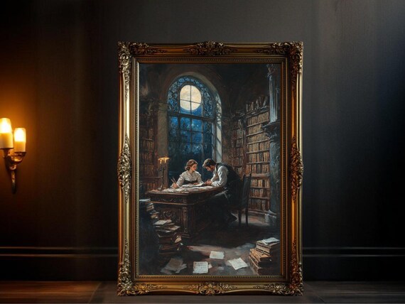 Dark Academia Vintage Library Scene, Cozy Study Decor