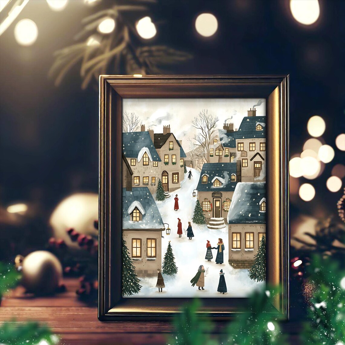 Vintage Snowy Village, Charming Winter Town Art Print