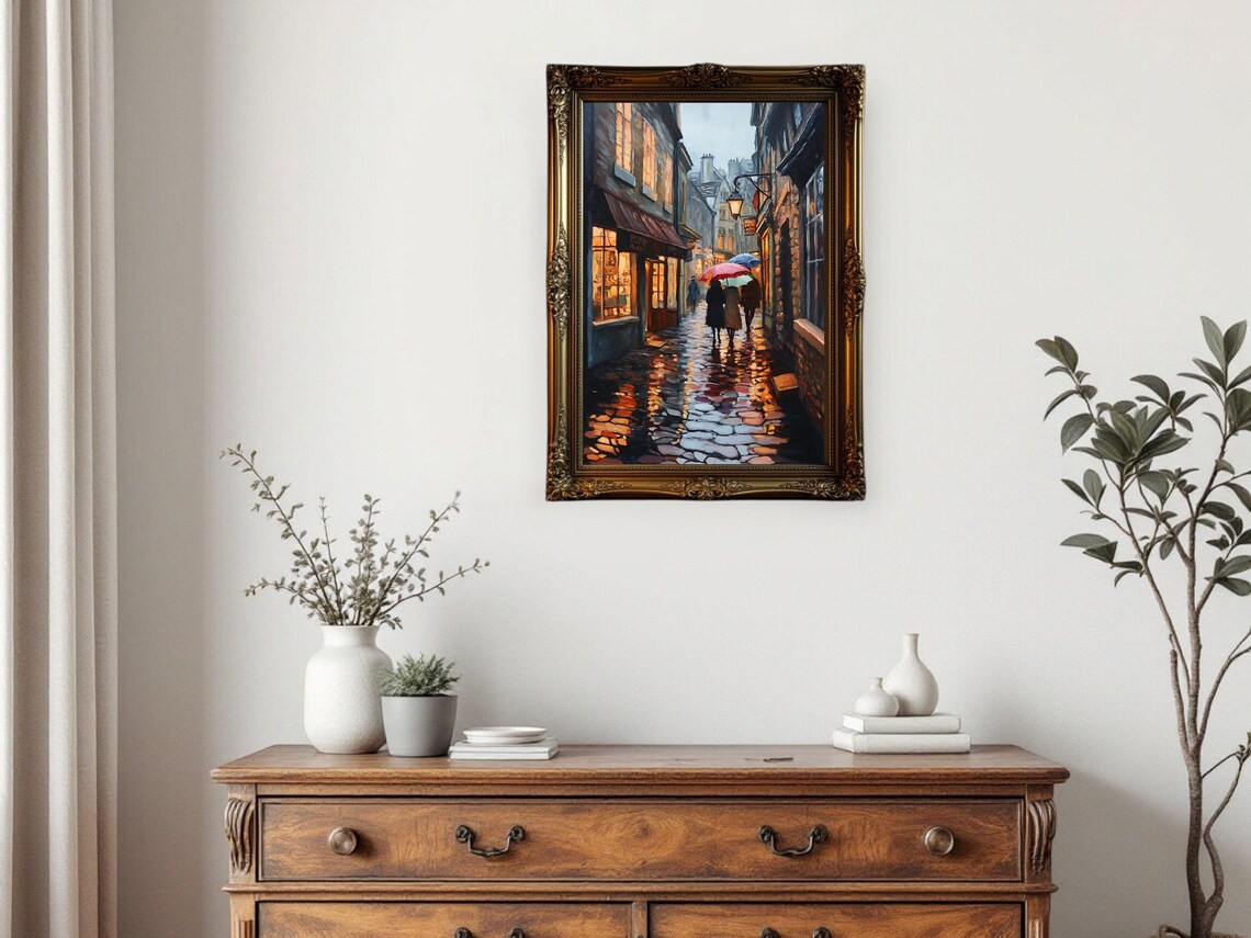 Rainy Street At Night In Cozy Town, Cityscape Painting - Image 2