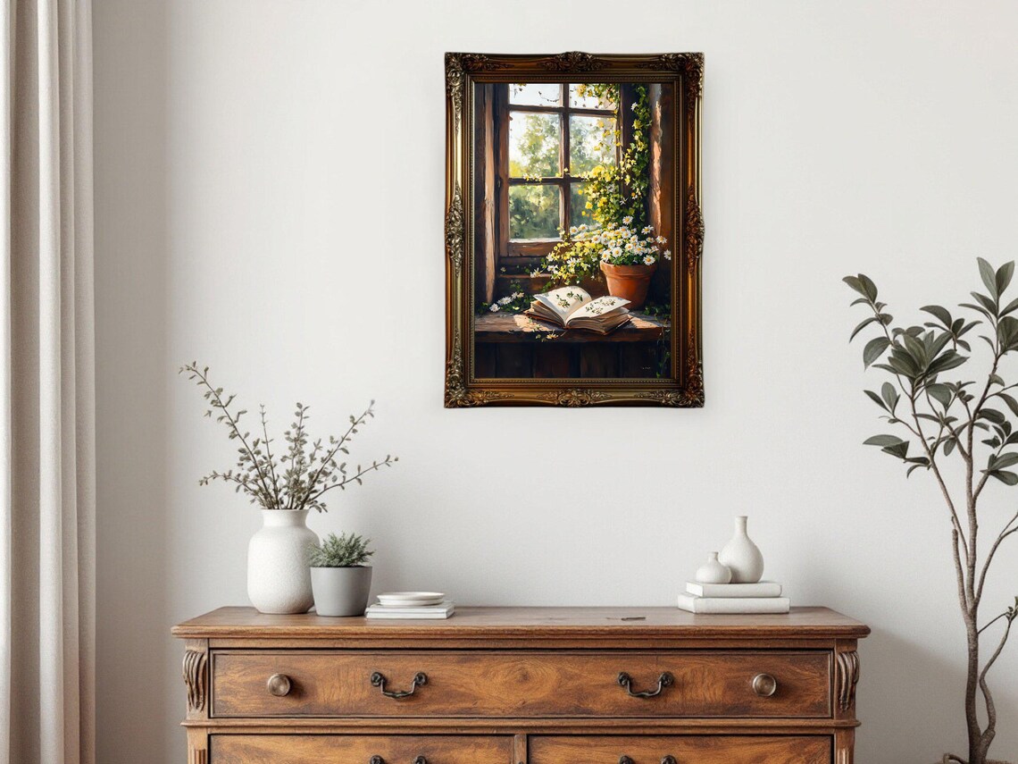 Window Scene With Flowers, Vintage Oil Painting - Image 3