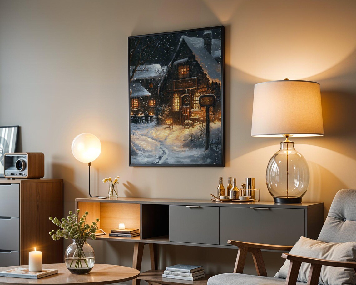 Winter Cottage Snowy Night Art Print, Rustic Cabin - Image 3
