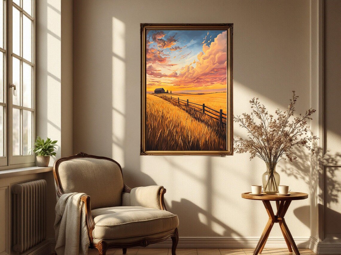 Sunset Over Wheat Field, Rustic Landscape Art Print - Image 3