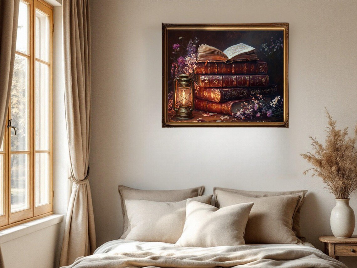 Vintage Books And Lantern, Rustic Reading Room Art - Image 2