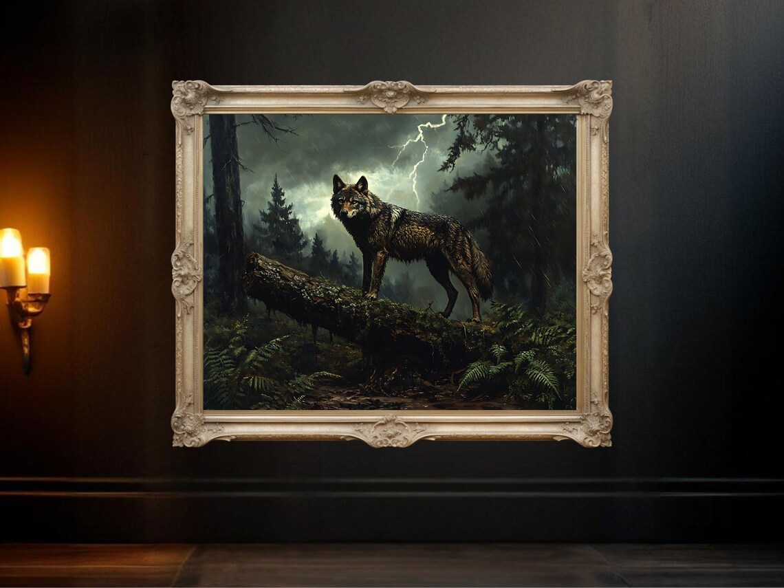 Majestic Wolf, Rainstorm Forest Nature Artwork