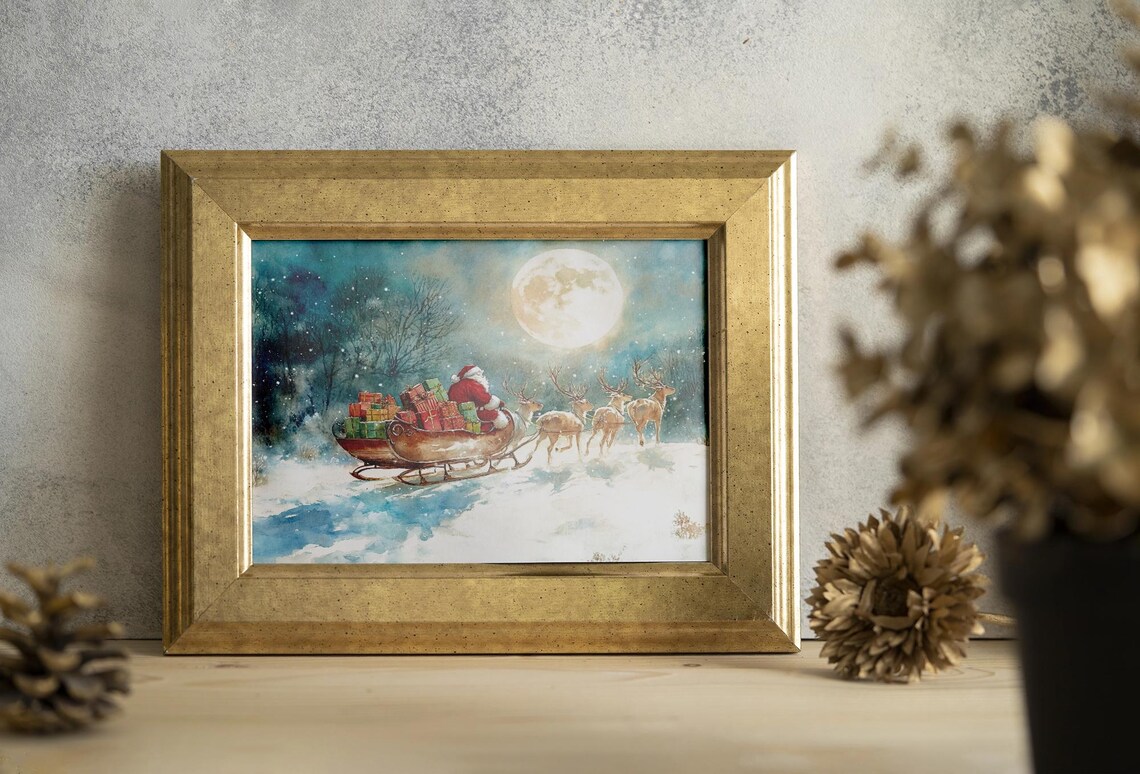 Rustic Santa And Reindeer, Moonlit Winter Scene - Image 3