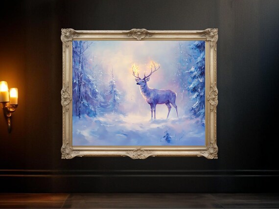 Enchanted Deer in Winter Forest, Mystical Landscape