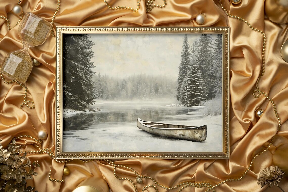 Vintage Winter Canoe, Snowy Lake Forest Decor - Image 2