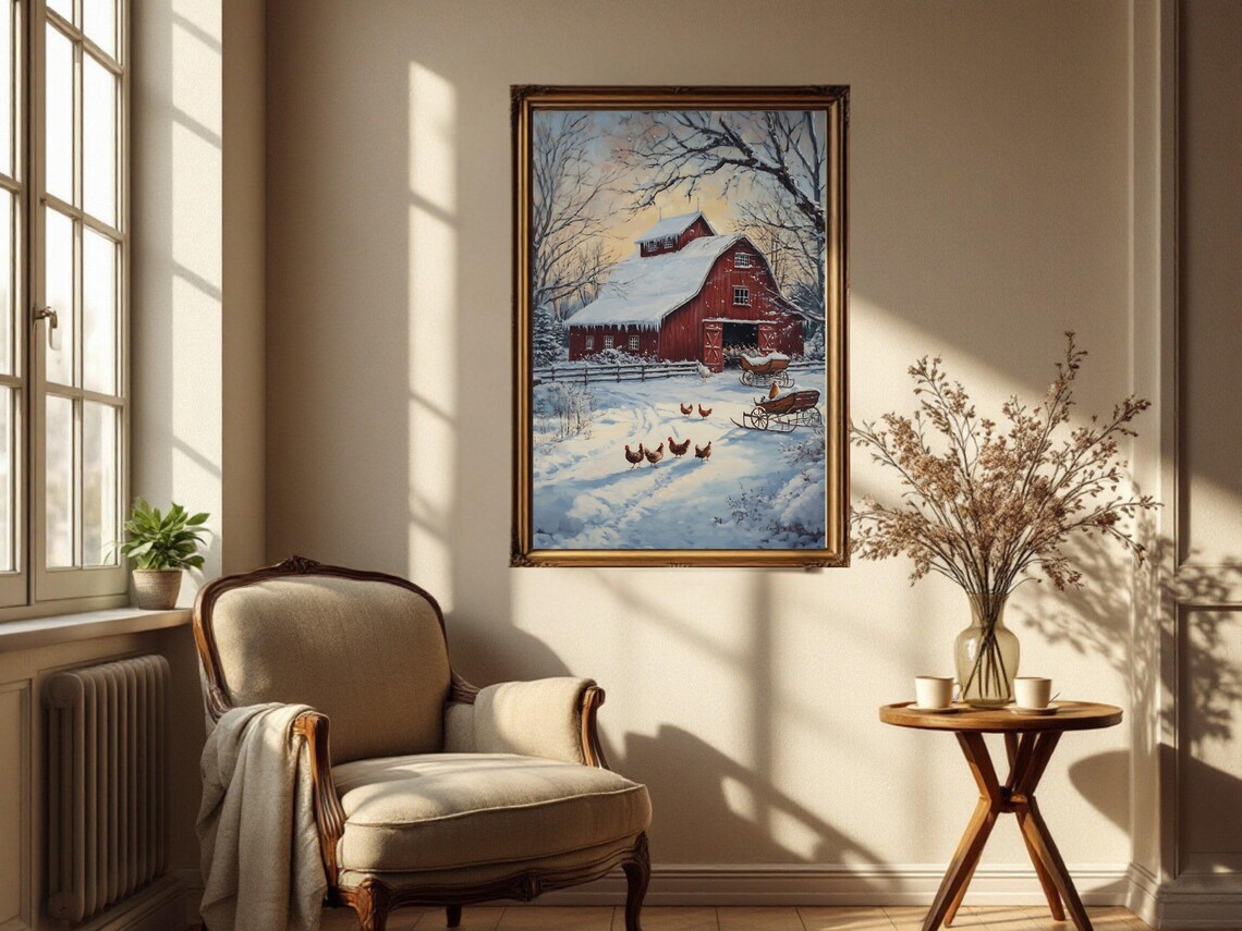 Winter Barn Scene, Rustic Country Landscape Art Print - Image 3