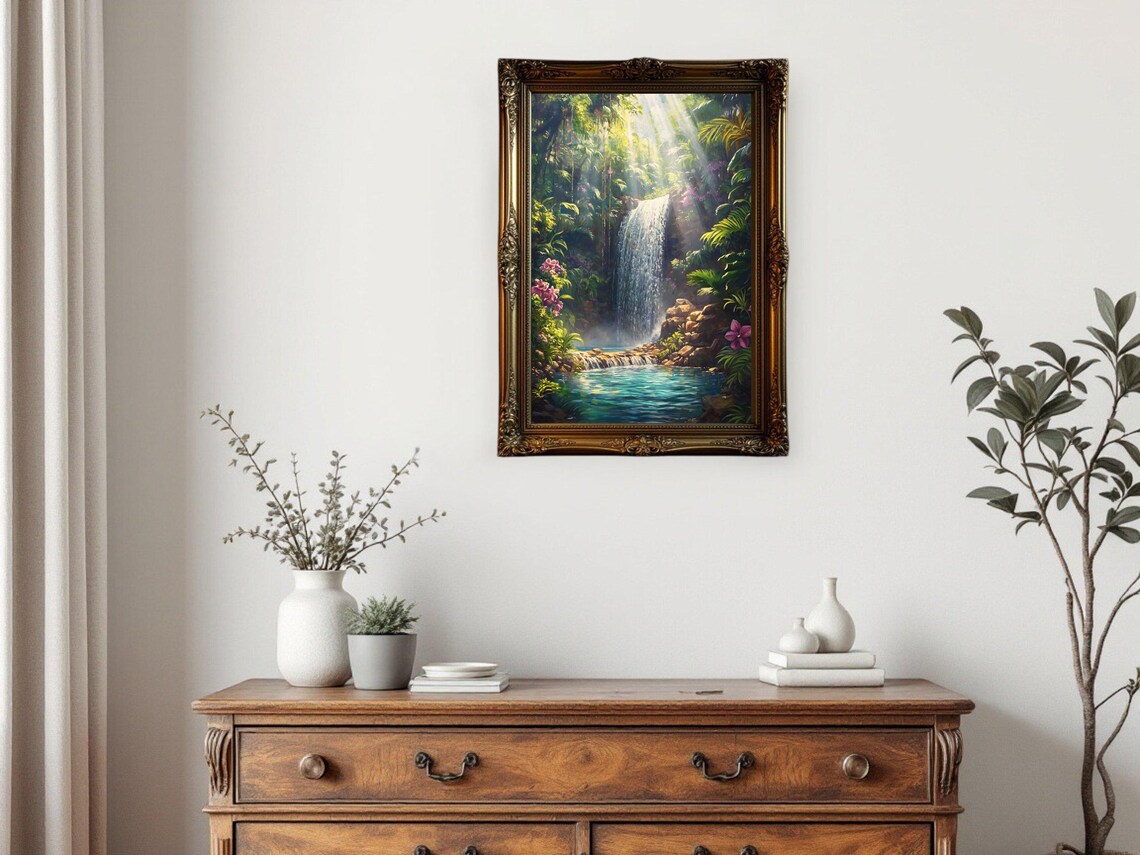 Tropical Waterfall Art Print, Lush Green Landscape - Image 2