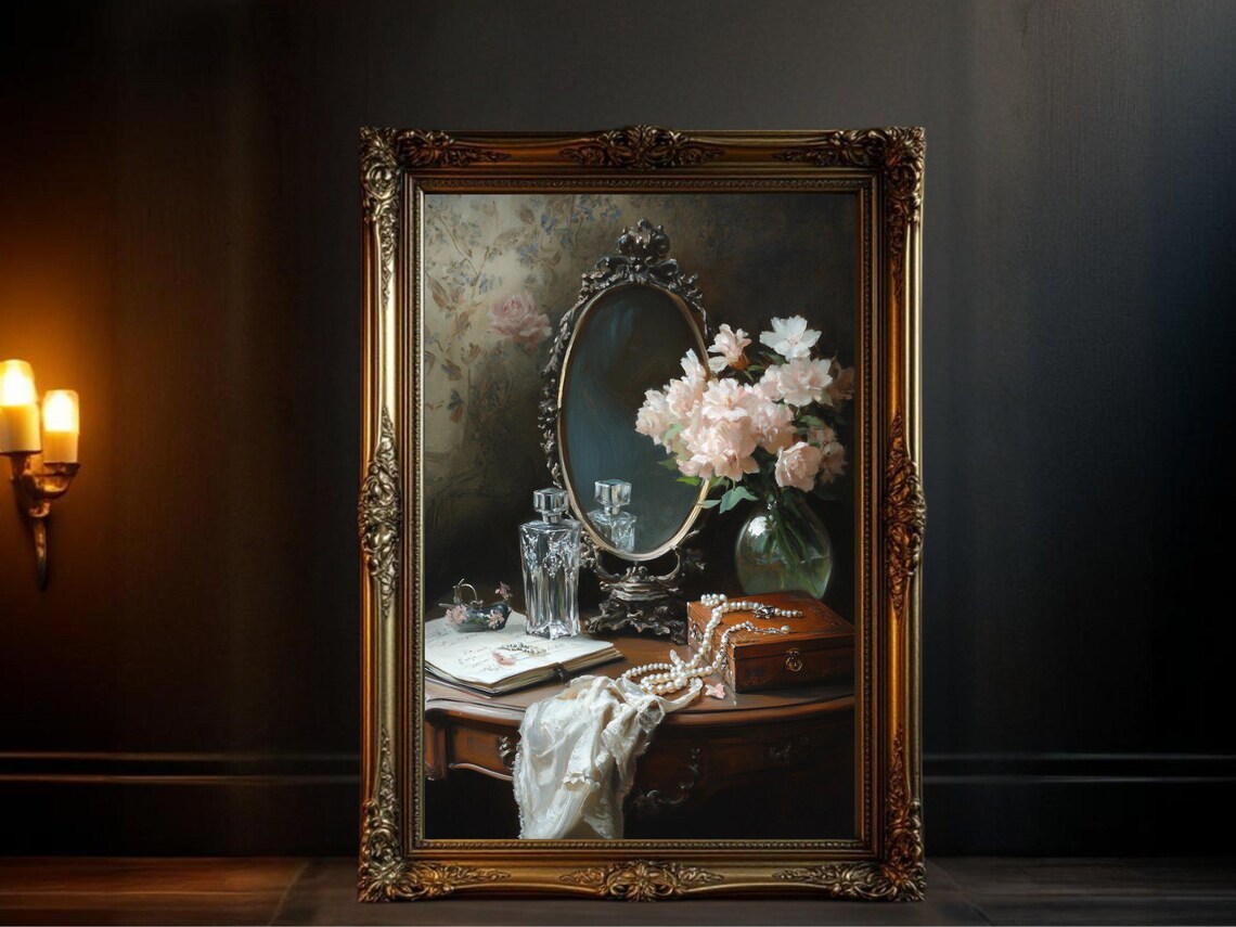 Vintage Floral Vanity, Elegant Victorian Boudoir Art Print