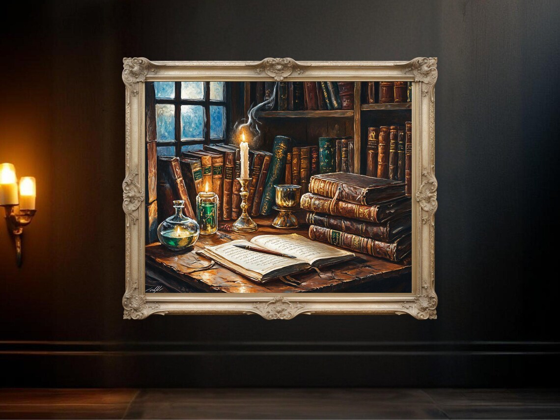 Vintage Library Bookshelf, Candlelit Book Scene