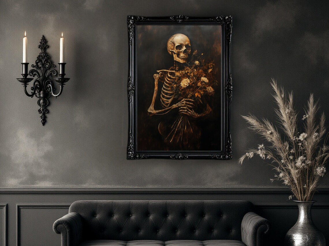 Skeleton Holding Flowers, Gothic Dark Academia Art Print - Image 2