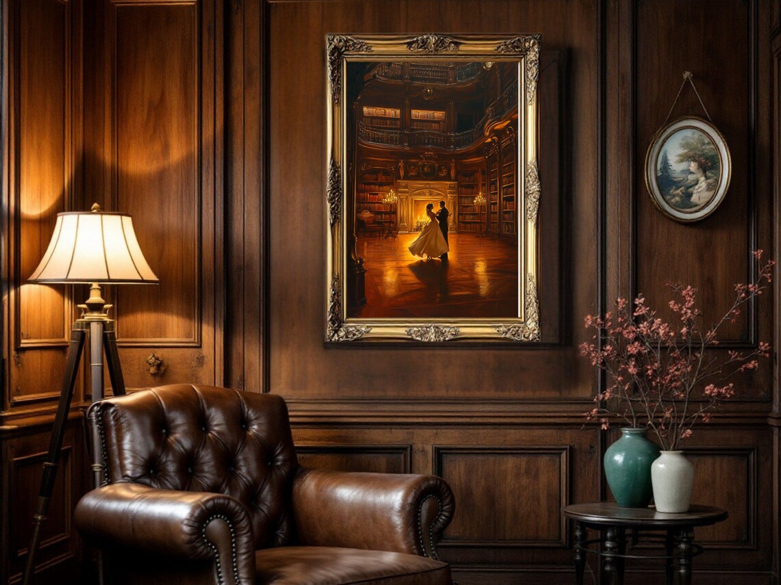 Dark Academia Vintage Library Dance Scene Art Print - Image 2