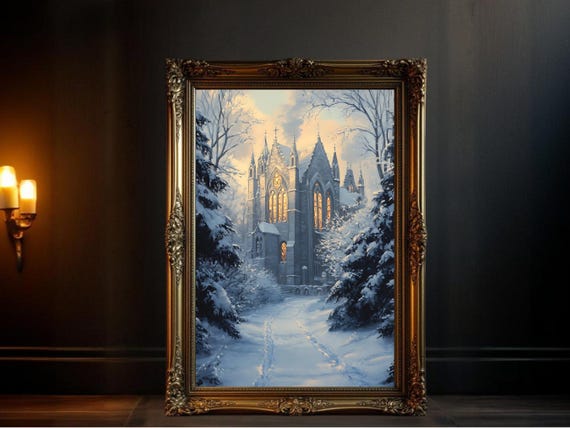 Gothic Winter Church Scene, Snowy Landscape Art Print