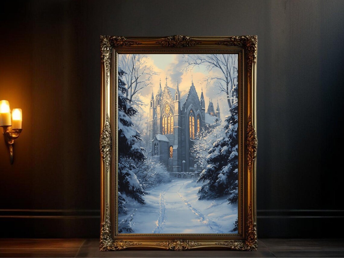 Gothic Winter Church Scene, Snowy Landscape Art Print