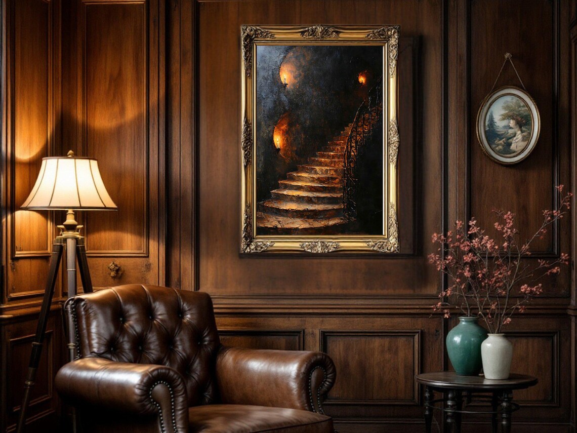 Mysterious Pathway Oil Painting, Rustic Stairs Art Print - Image 3