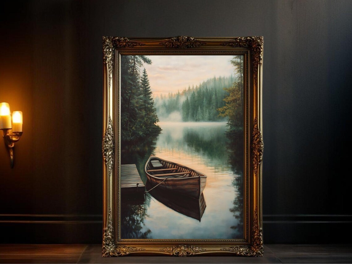 Tranquil Lake Scene Art Print, Rustic Boat Sunrise