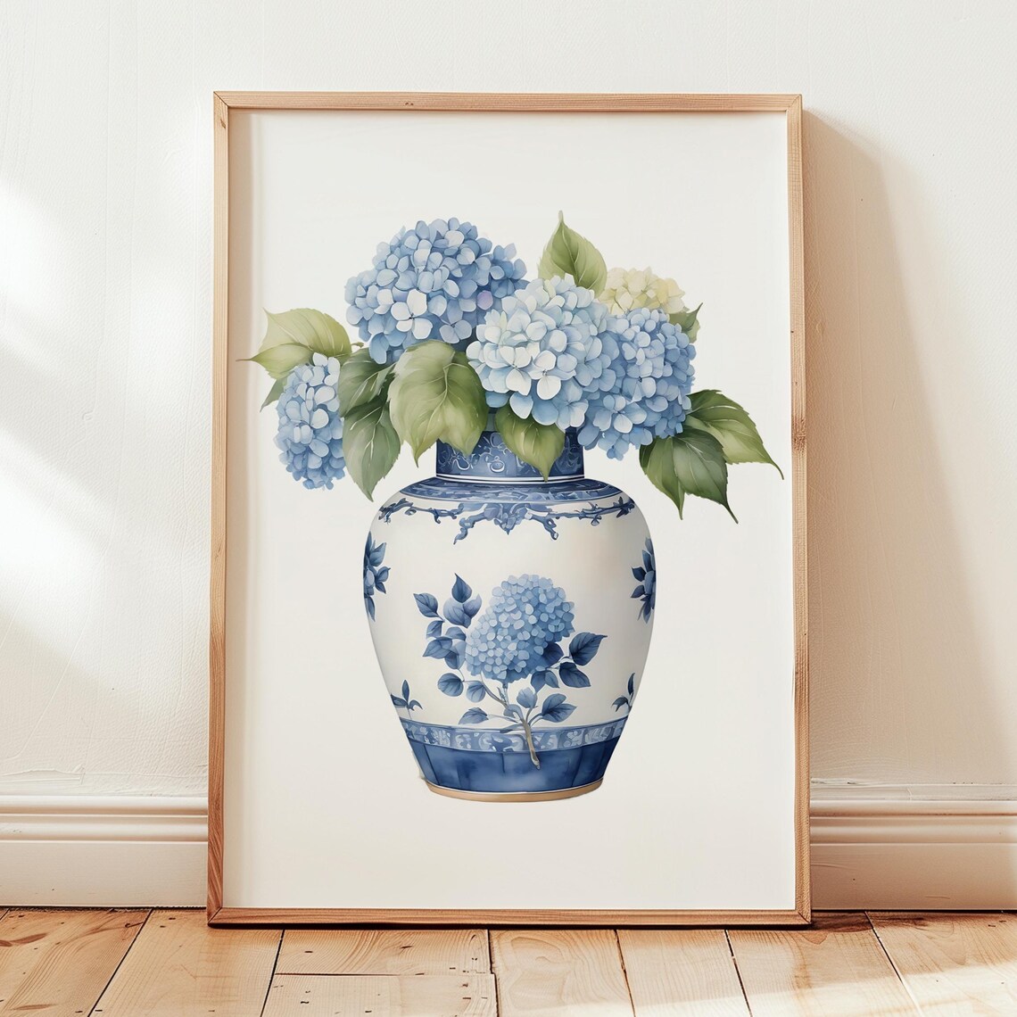 Blue Hydrangea Bouquet In Chinoiserie Vase Watercolor Floral Poster - Image 2