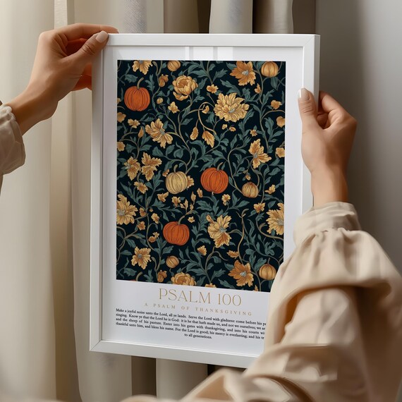 Psalm 100 Fall Pumpkin Floral Thanksgiving Scripture Verse Poster