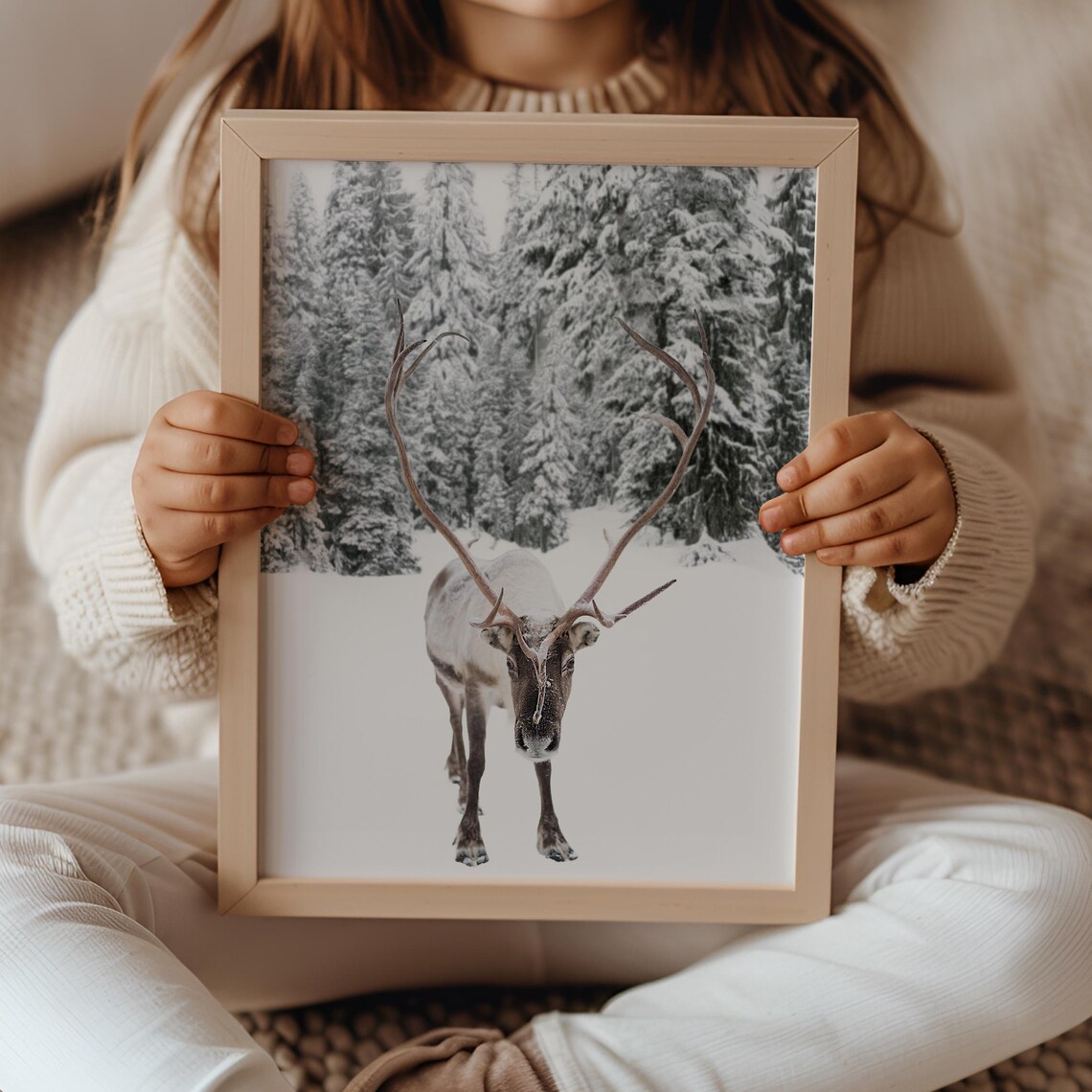 Reindeer Snowy Forest Winter Portrait Nordic Photography Art Print
