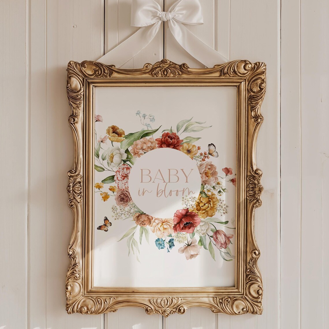 Baby In Bloom Round Wildflower Wreath Nursery Wall Decor Print