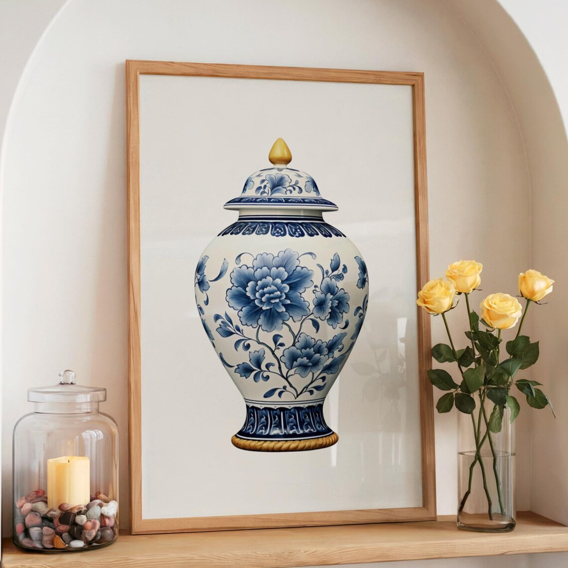 Blue White Chinoiserie Ginger Jar Floral Peony Gold Accent Wall Art