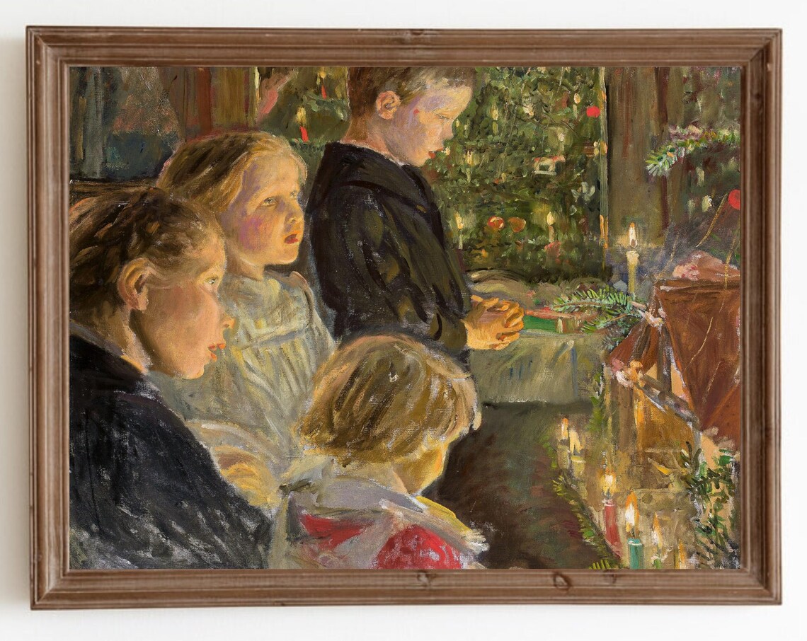 Vintage Christmas Children by Tree Art Print
