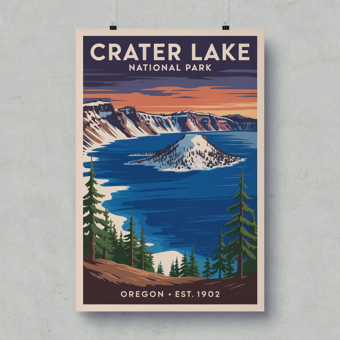 Crater Lake National Park Oregon Retro Wizard Island Sunset Poster