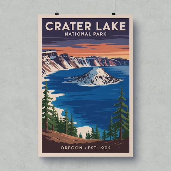 Crater Lake National Park Oregon Retro Wizard Island Sunset Poster