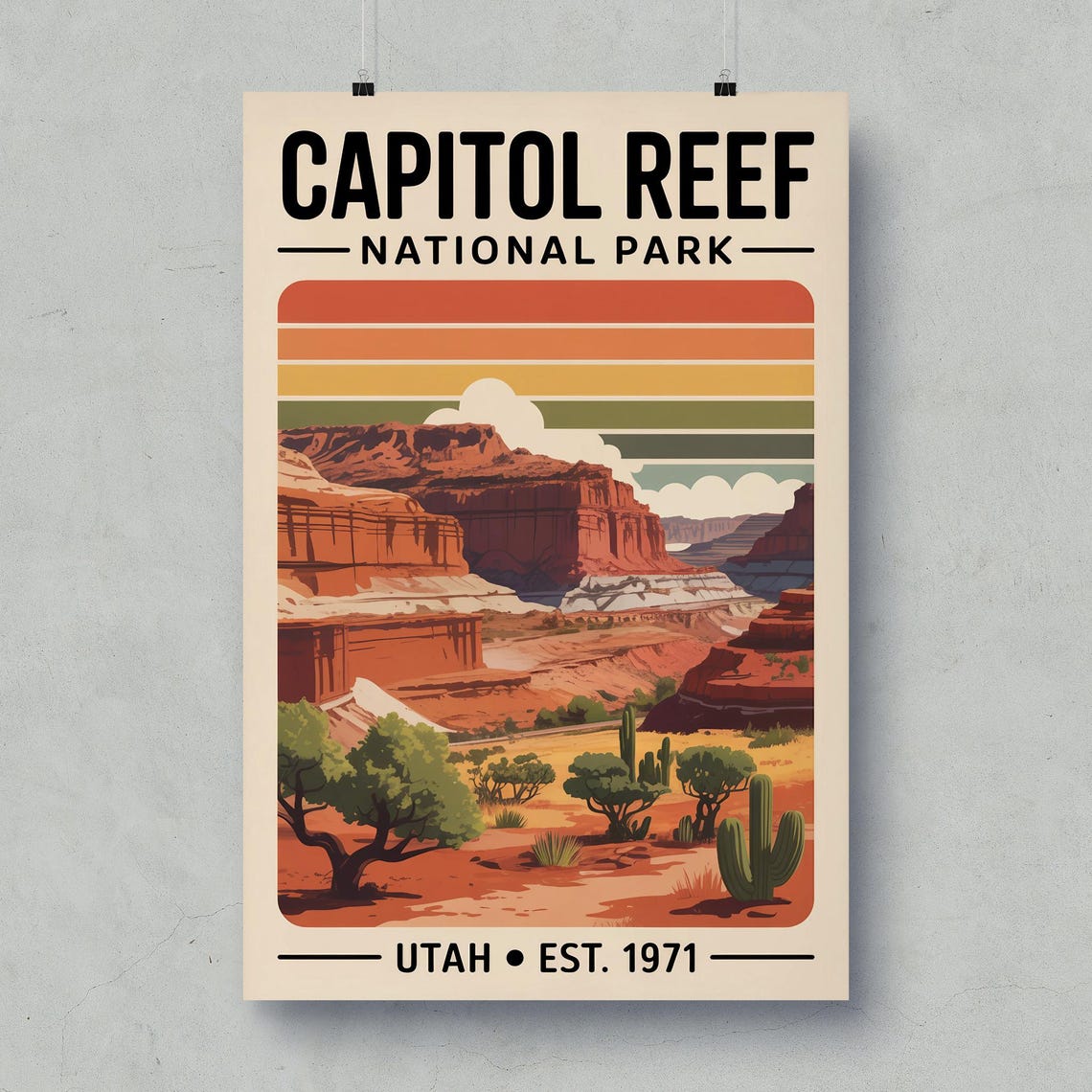 Capitol Reef National Park Retro Sunset Stripes Utah Vintage Poster