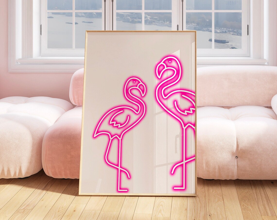 Pink Neon Flamingo Duo Tropical Glow Trendy Bedroom Wall Decor Poster