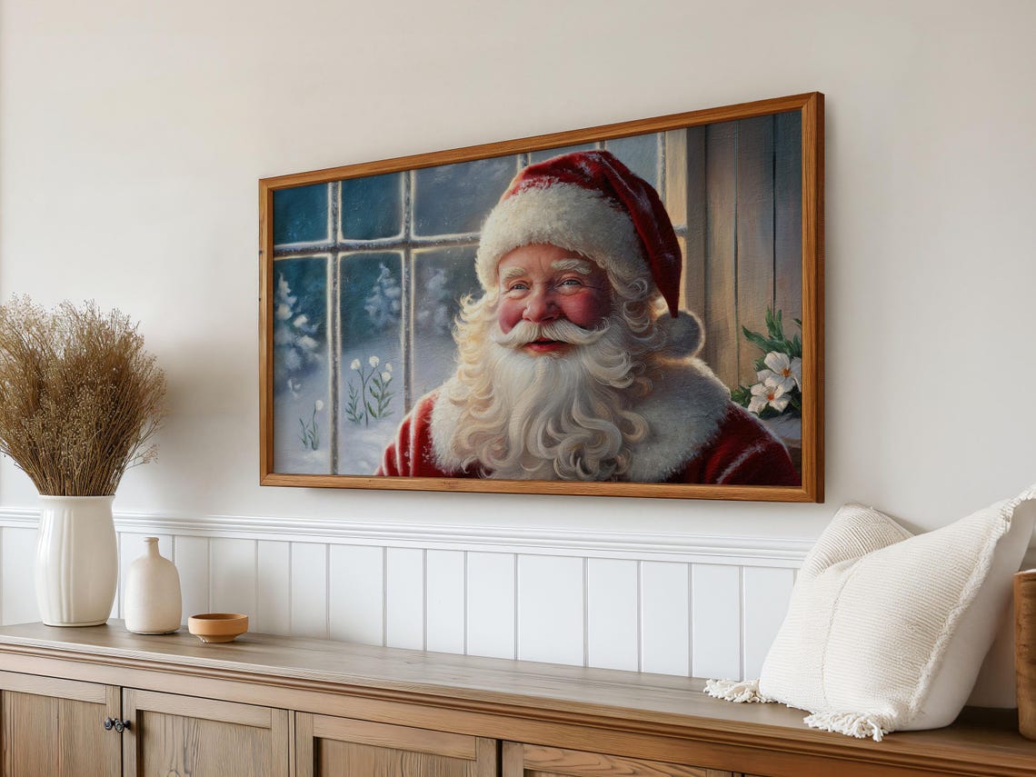 Vintage Santa Claus Portrait Snowy Window Nostalgic Christmas Poster