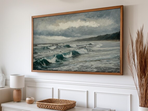 Coastal Frame Tv Art Textured Moody Landscape Painting Vintage Winter Ocean Beach Neutral Seascape Artwork Art For Tv