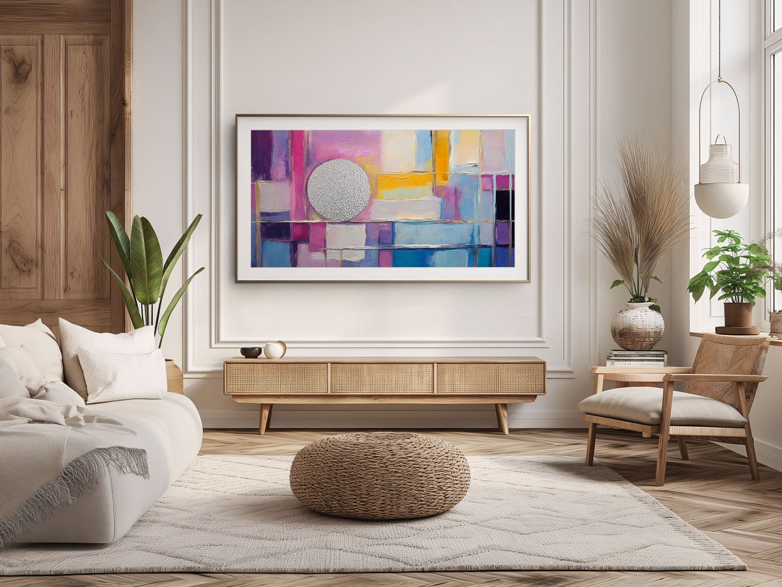 Colorful Abstract Geometric Silver Circle Modern Jewel Tone Wall Art - Image 2
