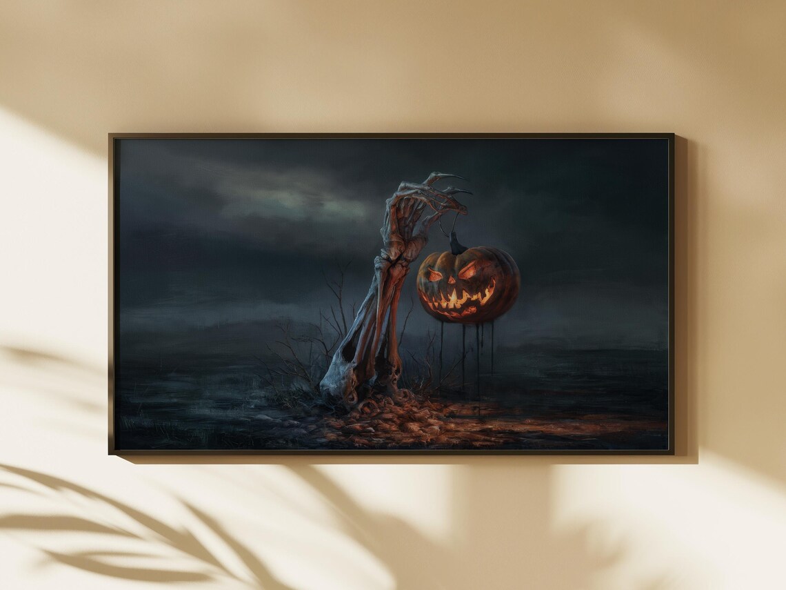 Skeleton Hand Holding Jack O Lantern Dark Stormy Halloween Night Poster - Image 3