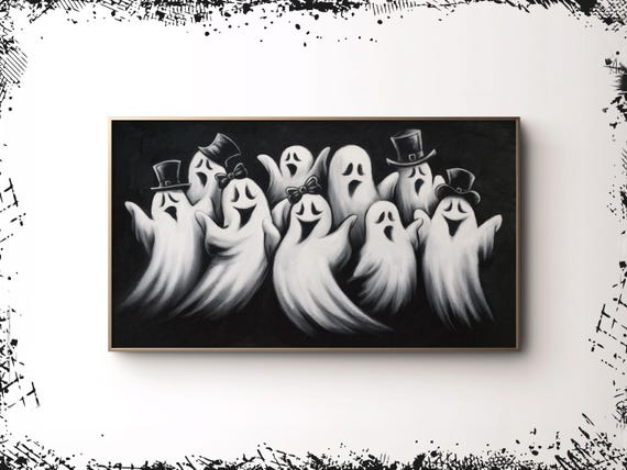 Frame Tv Art Ghost Modern Neutral Halloween Frame Tv Spooky Fall Decor Cute Ghosts Painting Whimsical Black White Art Tv